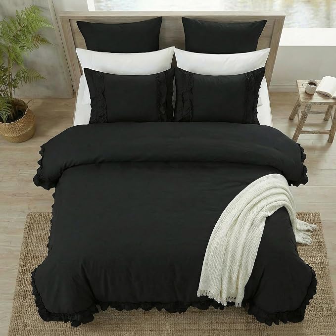 Bedorm Black Duvet Cover King Pleated Ruffled Bedding Set Shabby Chic Lace Ruffle Fringe French Country Room Decor Super Soft Cozy Black Boho Duvet Cover Sets