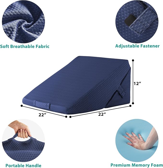 Wedge Pillow for Sleeping, Adjustable 9&12 Inch Foldable Bed Wedge Pillow Set, Orthopedic Memory Foam Triangle Pillows Wedge, 7-in-1 Elevated Pillows for Leg and Back Support, Navy