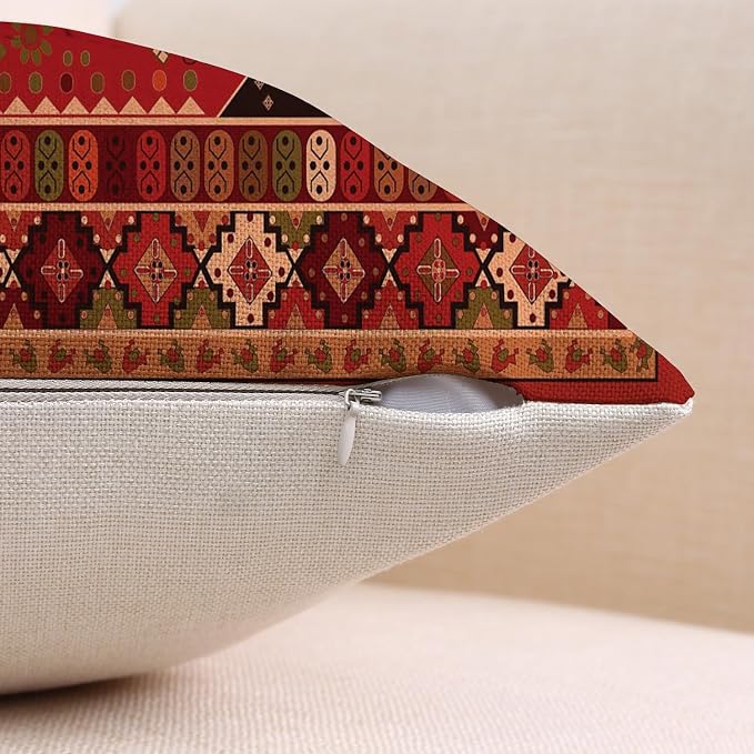 Outdoor Waterproof Pillow Covers 18X18 Inch Set of 2 Bohemian Vintage Carpet Pattern Pillow Covers Ethnic Design Decorative Farmhouse Cushion Case for Couch Red