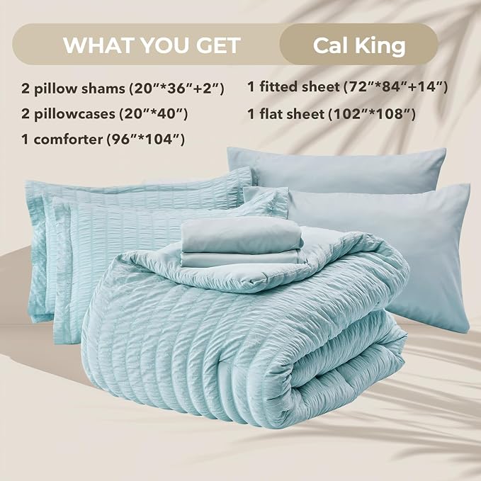 HYMOKEGE Lake Blue California King Comforter Set Seersucker 7 Pieces, All Season Luxury Bed in a Bag for Bedroom, Bedding Set with Comforters, Sheets, Pillowcases & Shams