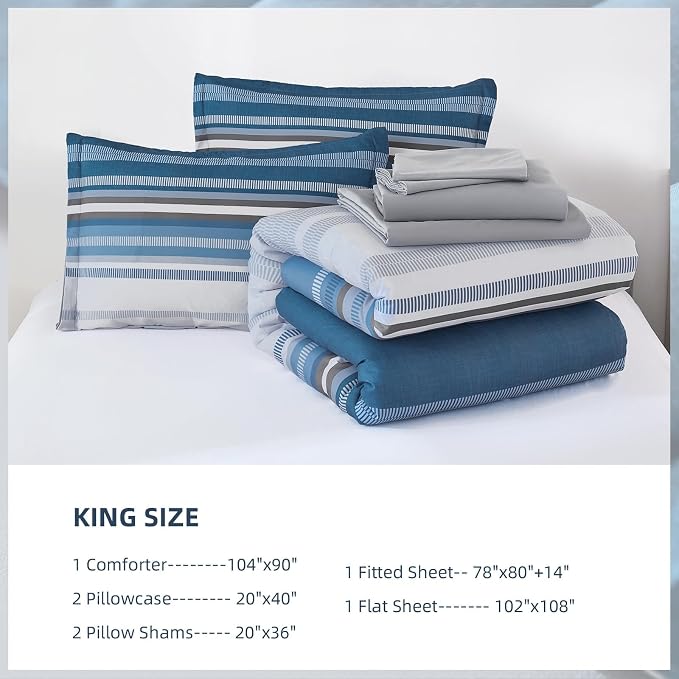 Dobuyly Grayish Blue King Size Comforter Set 7 Piece, Boho Striped Bed in a Bag Soft Microfiber All Season, Blue and Grey Bedding Set with Comforter, Sheets, Pillowcases & Shams