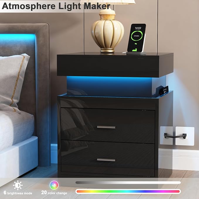 ChooChoo LED Nightstand Set of 2,Smart Night Standwith Charging Station and Sliding Top Storage, Black | Sliding Top Storage, 2-Drawers, High Gloss Bedside Table, Modern End Table, Bedroom, White