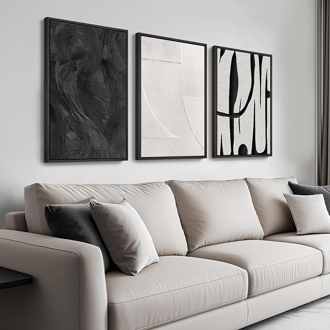 Framed Black and White Modern Abstract Wall Art set, 3 Piece Canvas Prints | Modern Pictures, Black and White Artwork for Walls , Minimalist Canvas Prints, Bedroom Office Paintings Wall Decor,16x24 Inch