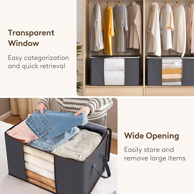 Lifewit 8 Pack 90L Clothes Storage Bins with Lids, Foldable Blanket Storage Bags with Zippers, Clear Window and Reinforced Handles, Closet and Organization for Clothing, Sweater, Comforter, Bedding