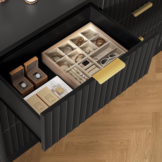 Fluted Dresser for Bedroom with 9 Drawers, 63" Wide Modern Chest of Drawers with Metal Handle & Curved Profile Design, Wood Closet Clothes Storage Organizer for Living Room, Hallway, Black