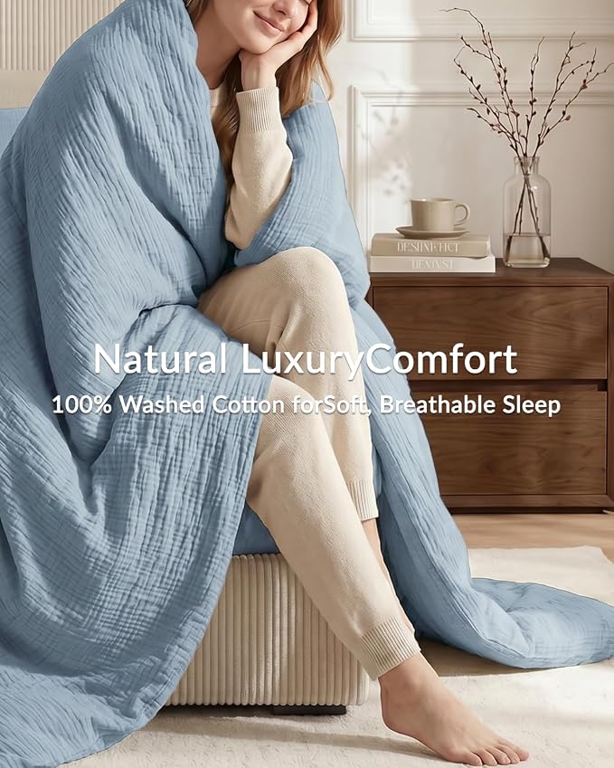 SE SOFTEXLY Muslin Duvet Cover King Size, 100% Washed Cotton Duvet Cover Set, Ultra Soft Comforter Cover Linen Like, 3 Pieces Minimalist Gauze Duvet Cover with 2 Pillowcases, 90"x104", Blue
