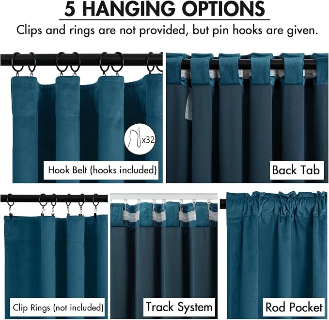 MIULEE Velvet Curtains 50W x 108L 2 Panels Peacock Blue Blackout Curtains | Luxury velvet fabric, pinch pleat design, back tab hooks, thermal insulated, blackout light blocking, for living room bedroom