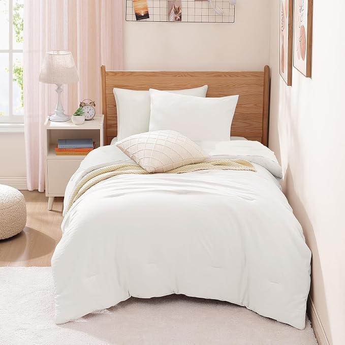 Twin XL Comforter Set- 5 Pieces Prewashed Bed in a Bag Twin Bedding Sets | Soft All Season Comforter with Sheets, Pillow Sham & Pillowcase, White