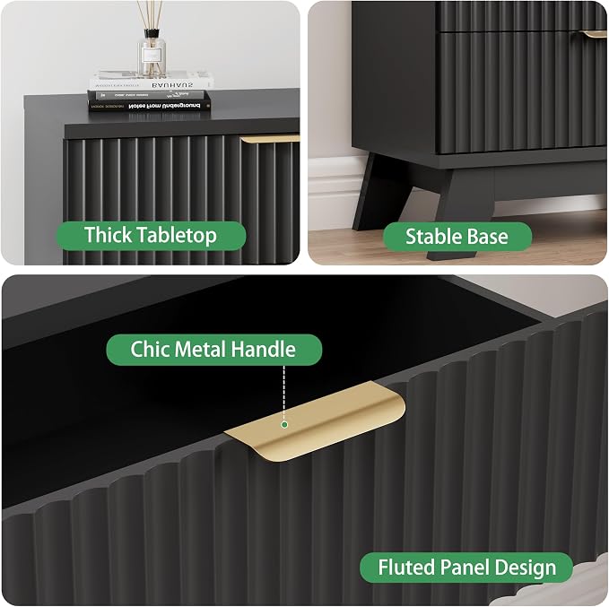 Fluted Dresser for Bedroom with 3 Drawers, 24" Wide Modern Chest of Drawers with Metal Handle, Wooden Dresser TV Stand, Wood Closet Clothes Storage Drawer Organizer for Living Room, Hallway, Black