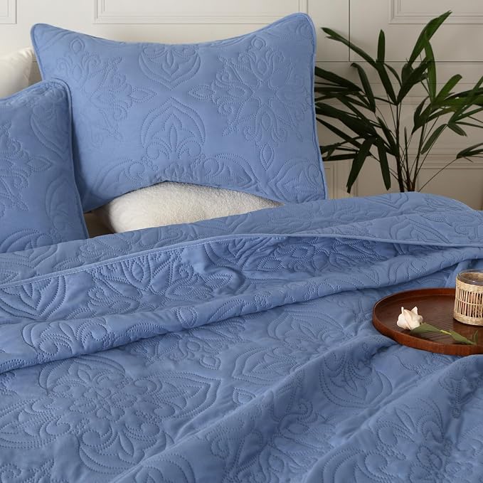 Whale Flotilla Queen Quilt Bedding Set Vintage Damask Reversible Bedspread | Suitable for Bed, 3 Pieces Bluish Grey Lightweight Breathable Quilts Queen Size, Ultrasonic Coverlet with 2 Pillow Shams