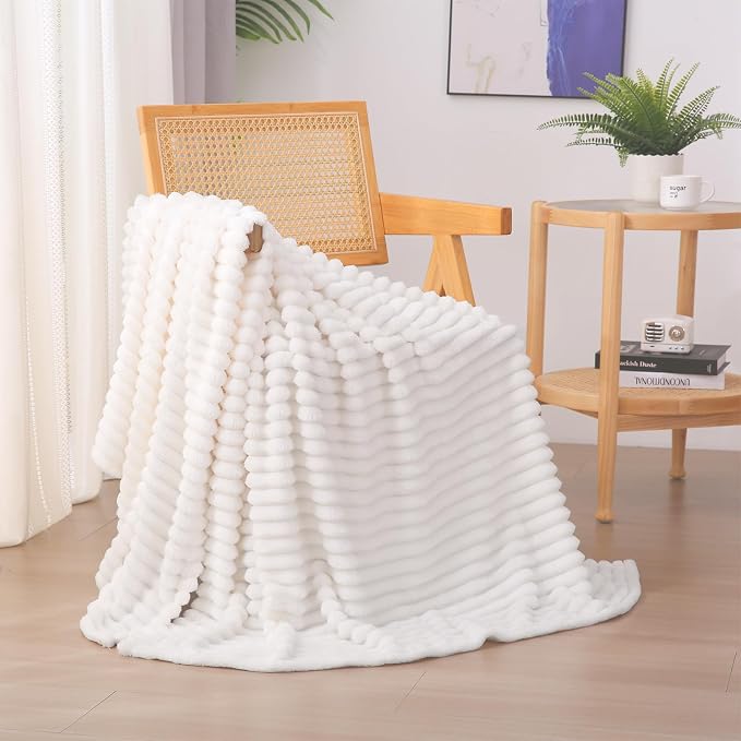 White Fleece Throw Blanket 50”×70” for Couch Sofa Livingroom | Super Soft Cozy Plush Microfiber Flannel Bed Blanket Striped Design Lightweight Home Decor Gifts for Adults Mom Women