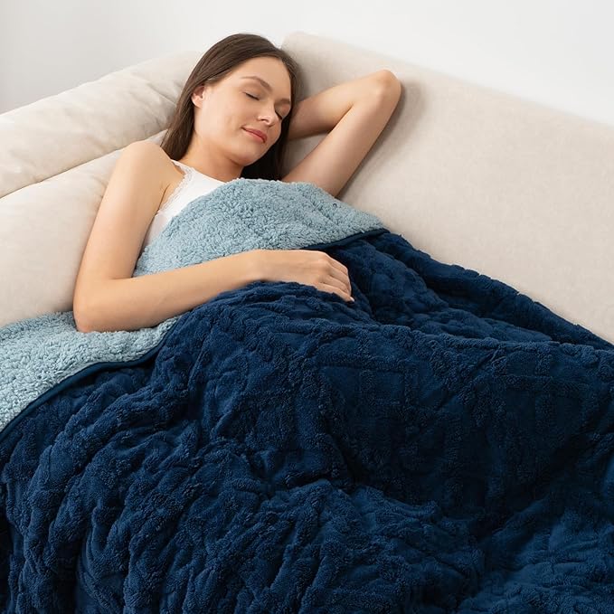 Soft Weighted Blankets for Adults Queen 60" x 80" 15 lbs Navy Blue | Better Sleep, Relax Body & Mind, Dual Sided Soft Fuzzy Heavy Throw Blankets, Jacquard Knitted, Chunky Fluffy, Warm Hug, Gift