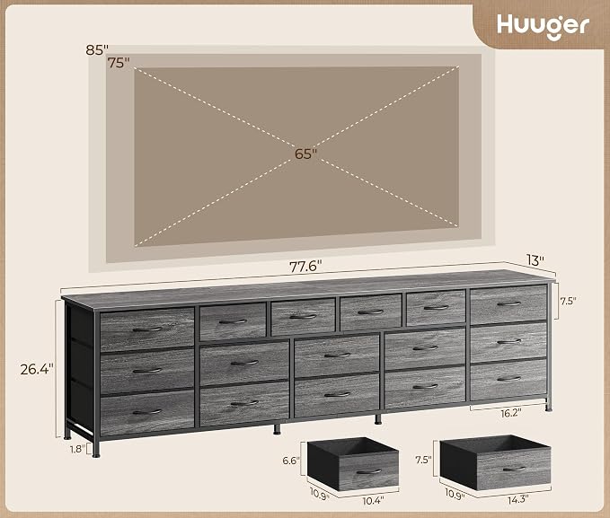 Huuger 77.6" Long Dresser for Bedroom, 16 Drawer Fabric Dresser for Closet, Wide Chest of Drawers with Storage, TV Stand for 65, 75, 85 Inch TV, 77.6" W x 13" D x 26.4" H, Grey