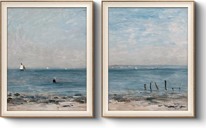 VIYYIEA Framed Coastal Wall Art Set of 2, Impressionist Beach Seascape Canvas Prints, Nautical Ocean Theme Home Decor, Elegant Wall Decor for Living Room Bedroom Office Bathroom, 16x20 Inch