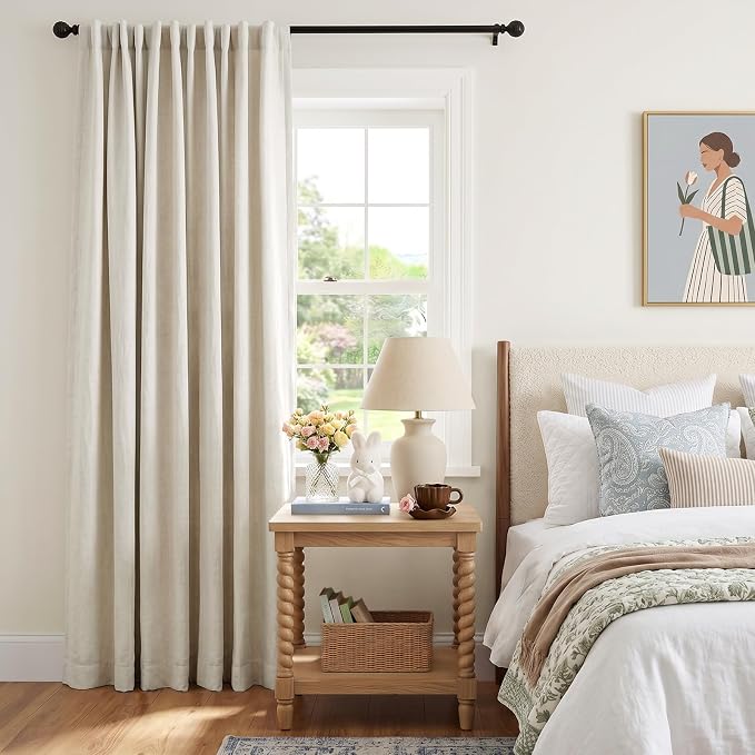 INOVADAY Extra Wide 100% Blackout Linen Curtains for Bedroom 102x108 Cream | Linen Textured, Light Blocking, Room Darkening, Thermal Insulated, Back Tab Top, Window Curtains for Sliding Door, 1 Panel