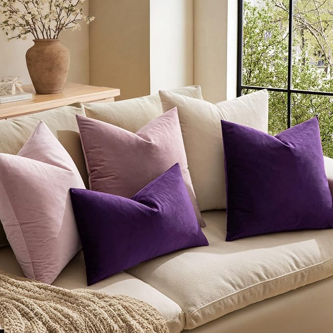 MIULEE Velvet Throw Pillow Covers 20x20 Inch Pack of 2 Eggplant Purple | Soft Solid Decorative Pillow Covers, Modern Luxury Home Decor, for Couch Chair Sofa Bedroom Livingroom
