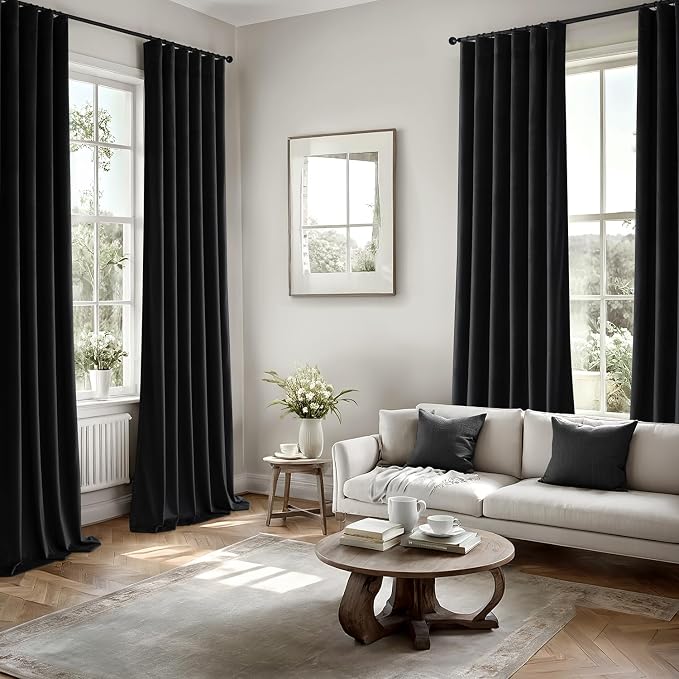 MIULEE Velvet Curtains 50W x 108L 2 Panels Black Blackout Curtains | Luxury velvet fabric, pinch pleat design, back tab hooks, thermal insulated, blackout light blocking, for living room bedroom