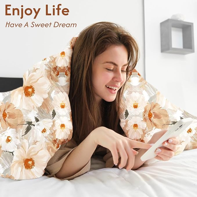 LONAVA King Flower 3 Pcs Duvet Cover Set, Breathable Soft Microfiber Biege Lining Comforter Cover with Zipper Closure, and 2 Anti-Pilling, Fade Resistant Pillowcases, Golden Flower