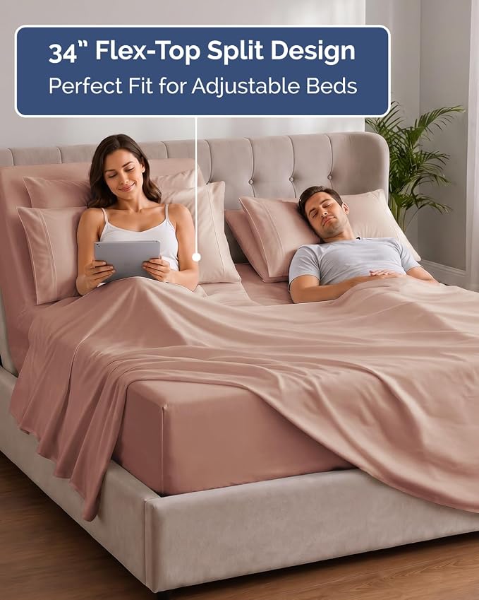 CGK Unlimited Extra Deep Flex Top Split Head King Sheet Set - 6 Piece Breathable and Cooling Sheets - Hotel Luxury Bedding for Women, Men, Kids & Teens - Easy Secure Fit - Extra Deep Pockets - Mauve