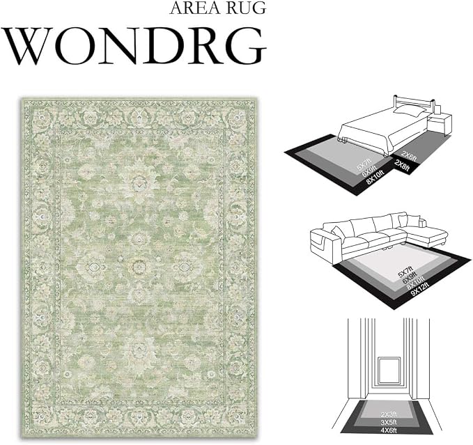6x9 Green Neutral Area Rug | Washable, Vintage, Soft, Non Slip, Low Pile, Distressed, Carpet for Living Room Bedroom Dining Room Nursery Home Decor