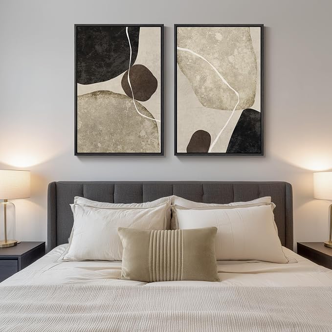 Large Framed Neutral Black Brown Abstract Wall Art for Living Room, 24x36 | 2 Piece, Canvas prints, Black beige brown paintings, Modern minimalist artwork, Stone pictures, Dining bedroom wall decor