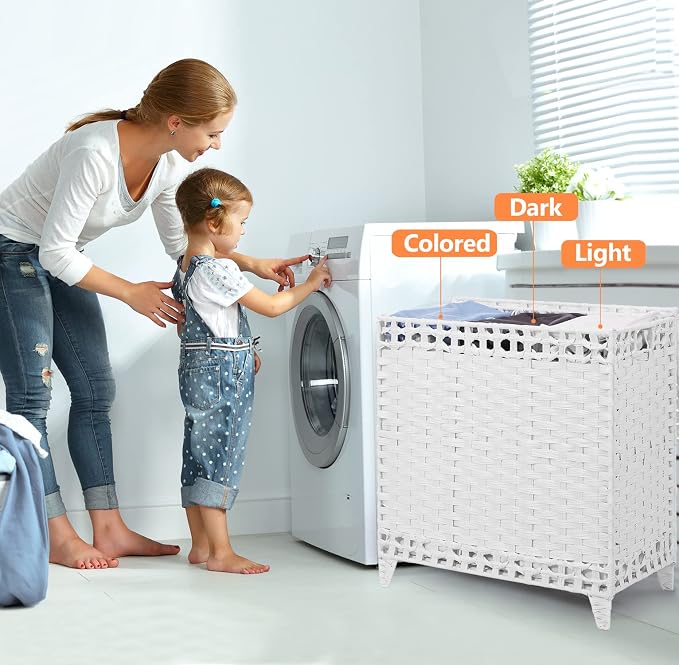 Laundry Hamper with 3 Removable Liner Bags, 132L Laundry Sorter with Lid | Raised Feet; Side Carry Handles; Handwoven PP Rattan; Rust-Resistant Iron Frame; Decorative Woven Design