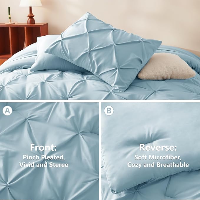 HIMEET Queen Comforter Set Light Blue - 7 Pieces Pintuck Bed in a Bag | OEKO-TEX Certified, 240GSM Down Alternative Comforter, 14" Deep Pocket Fitted Sheet + Flat Sheet + 2 Pillowcases + 2 Shams