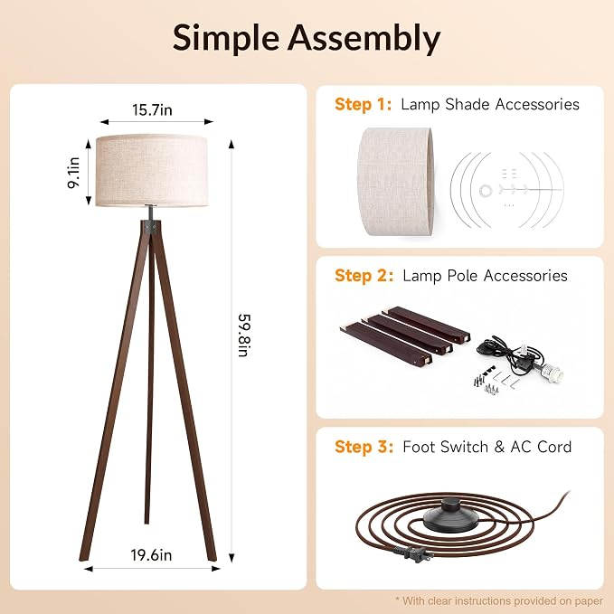 LEPOWER Tripod Floor Lamp Mid Century Modern Standing Lamps for Living Room | Light-Diffusing Linen Shade, Premium Rubberwood Tripod with E26 Base, Adding Warmth to Bedroom, Office & Study Corner Walnut