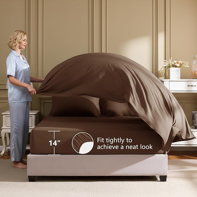 HIMEET Full Comforter Set, 7-Piece Point-Quilted Bed in a Bag, Brown | OEKO-TEX Certified, Lightweight 240 GSM Comforter, Flat Sheet, 14-Inch Deep-Pocket Fitted Sheet, Pillowcases & Shams