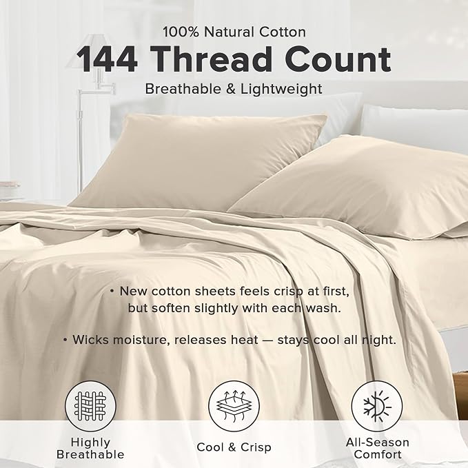 Comfort Spaces 100% Cotton Percale Sheets Queen Sheet Set 4 Pcs, Cream | Crisp, Cool & Breathable Bed Sheets, 14" Deep Pocket Fits Up to 16" Mattress, Lightweight, All Season Cozy, with Pillow Case