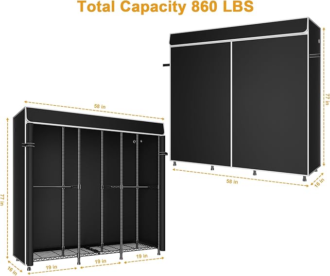 ULIFHOME E14C Heavy Duty Closet Organizer System，Freestanding Clothing Racks for Hanging Clothes，Adjustable Garment Rack 58" W × 16" D × 77" H Hold 860 lbs，Black Rack with Black Dustproof Cover