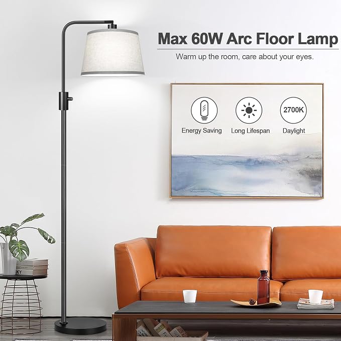 【Upgraded】 Dimmable Floor Lamp, 1000 Lumens LED Edison Bulb Included, Arc Floor Lamps for Living Room Modern Standing Lamp with Gray Shade, Tall Lamps for Living Room Bedroom Office Dining Room