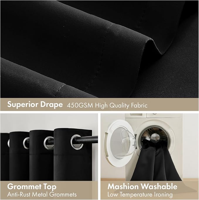 MIULEE Black 100% Blackout Curtains for Bedroom 90 Inch Long 2 Panels | 2 Thick Layers Thermal Insulated Window Curtains with Black Liner, Noise Reducing Grommet, Drapes for Living Room