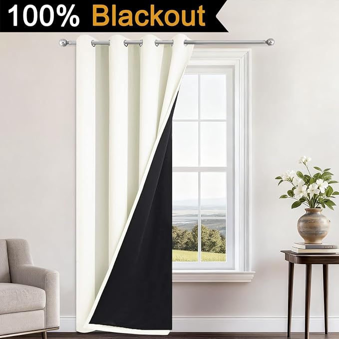 Yakamok Cream Blackout Curtains 96 Inches Long for Bedroom 52" Wide 1 Panel | Blackout Curtain Panels for Bedroom, 2 Thick Layers Grommet Top Thermal Insulated Drapes with Black Liner for Living Room