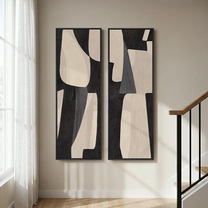 Framed Black Beige Abstract Long Vertical Wall Art for Living Room, 2 Piece | Long narrow, Oversized, Canvas prints, Abstract pictures, Vertical, Modern artwork, Black and beige, Hallway wall decor