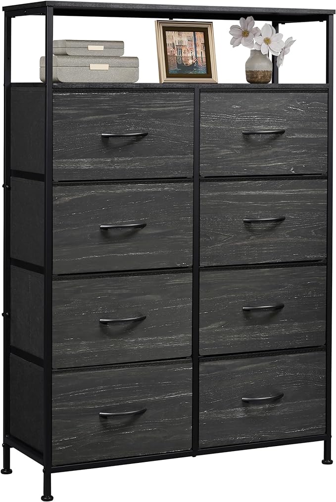 WLIVE 8 Drawer Fabric Dresser Open Shelves, Tall Bedroom Chest, Charcoal | 8 fabric drawers plus open shelves, steel frame with wood top, great for bedroom closet entryway and dorm storage