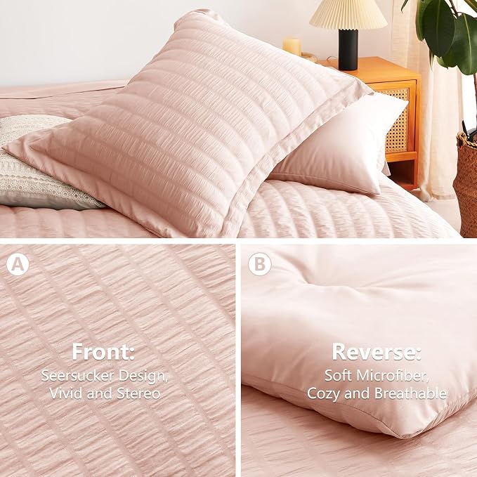 Full Size Comforter Set 7 Pieces Blush Pink Seersucker Bed in a Bag | OEKO-TEX Certified, All Season Bedding Set with 240 GSM Down Alternative Comforter, Flat & Fitted Sheets, Pillowcases & Shams
