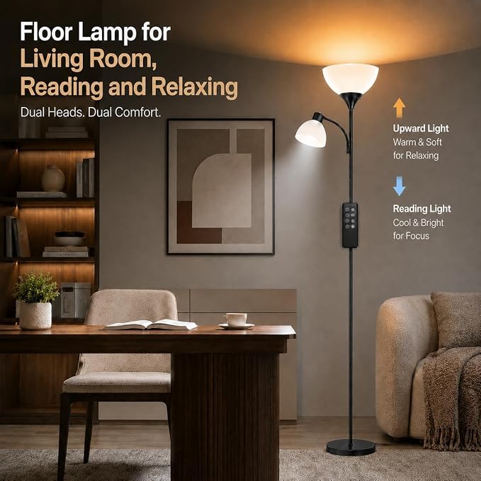 GERGO Led Floor Lamp, Super Bright 11W+7W 2100LM Torchiere Floor Lamps for Living Room, Stepless Adjustable 4 Color Temperatures 3000K-6000K with Remote Control for Bedroom (Matte Black) | 2 LED Bulbs Included, 2100LM Brightness, Stepless Dimming & 300...