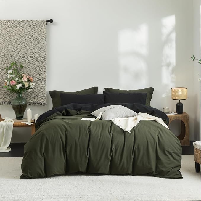 BDEAR 3Pcs Duvet Cover Set Queen Size 90" Wx90 L,Olive Green and Black | 100% Washed Cotton, 1 Duvet Cover with 2 Pillowcases, Zipper Closure, OEKO TEX Standard,8 Corner Ties,Linen-Liked Texture