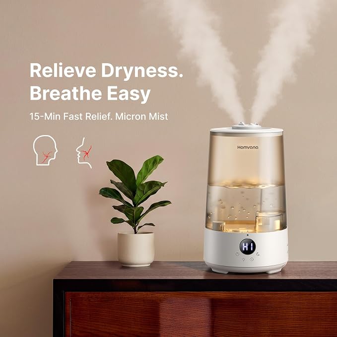 Homvana 3.6L Top-Fill Cool Mist Humidifiers for Bedroom, Large Room(Grey) | 23dB Quiet, Easy-to-Clean 2-in-1 Baby Humidifier & Oil Diffuser for Congestion Relief, Last for 4 Night (Grey)
