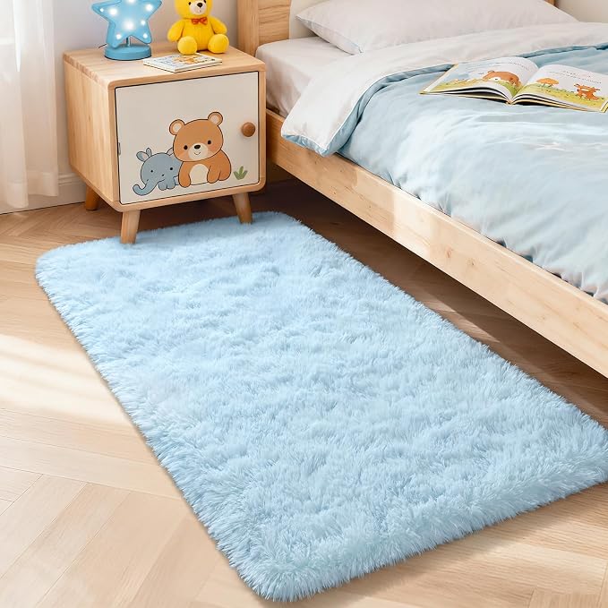 Fluffy Rug Shaggy Area Rug, Baby Blue 2x4 Area Rugs for Bedroom, Small Kids Bedside Rug, Soft Shaggy Entryway Throw Rugs for Living Room Bedroom Nursery Room Home Decor Aesthetic