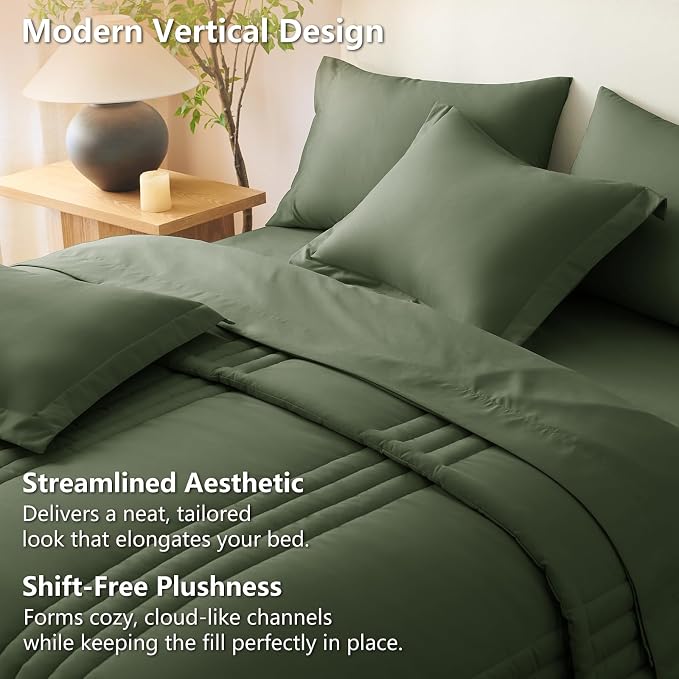 Twin XL Comforter Set Olive Green - 5 Pieces Complete Bedding Set | College Dorm Essentials, OEKO-TEX Certified, 240GSM Down-Alternative Comforter, 14" Deep-Pocket Sheets, Sham & Pillowcase