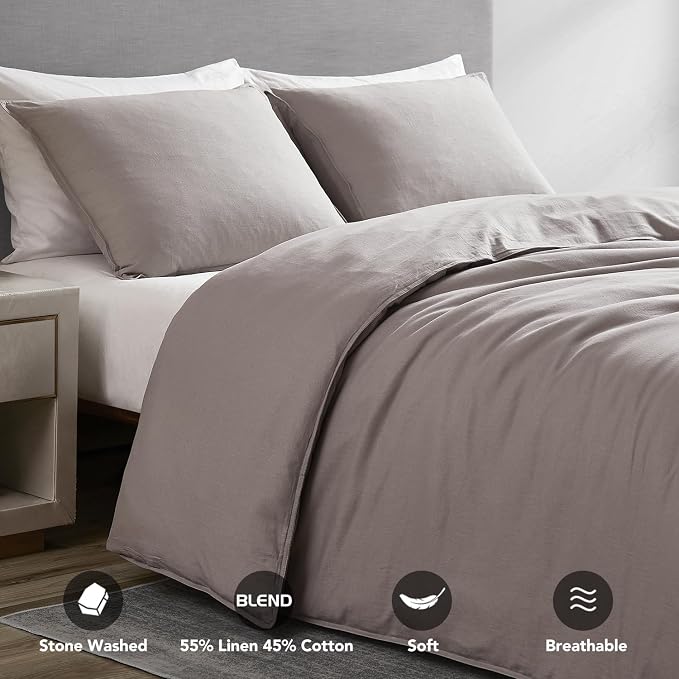 DAPU Linen Duvet Cover Set - French Linen Cotton Blend Natural Flax Soft Breathable Bedding 3 Pcs Set - 1 Duvet Cover 2 Pillowcases (Gray, Queen/Full)