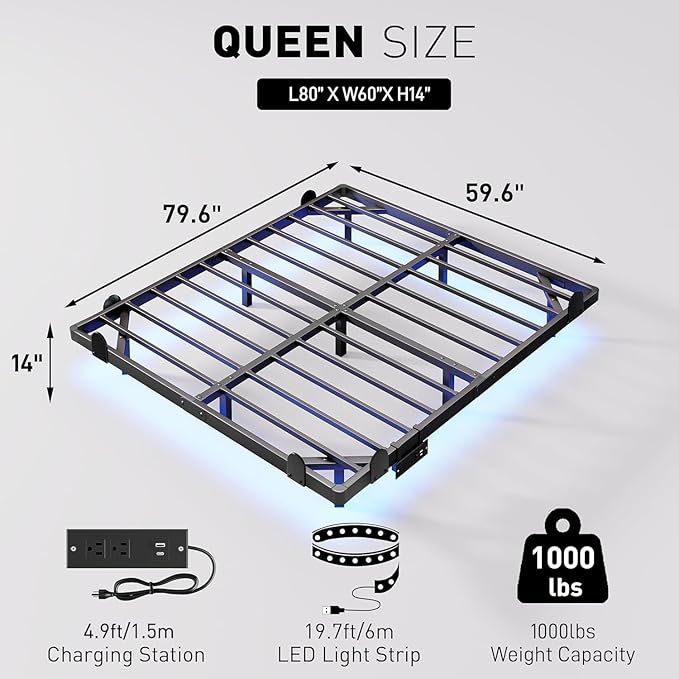 qimamo Floating Queen Bed Frame, 14 Inch Metal Platform Bed with Smart LED Lights & Charging Station, Easy Assembly, No Box Spring Needed