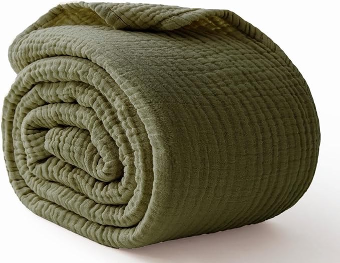 100% Cotton Muslin Blanket Large 50" x 70", Breathable and Lightweight Cotton Throw Blankets for Bed and Couch, Soft Cooling Summer Gauze Blanket for Adults All Season, Olive Green