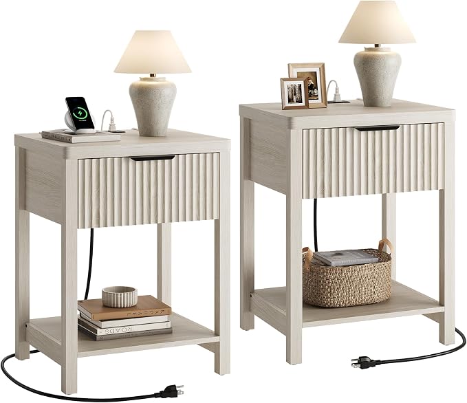 Night Stand Set 2, Fluted Wood Nightstands w/Charging Station for Bedroom | Grey White, Storage Drawer, Open Shelf, Metal Silent Rails, Round Corners, Modern Fluted Panel, Living Room, Bedside Table