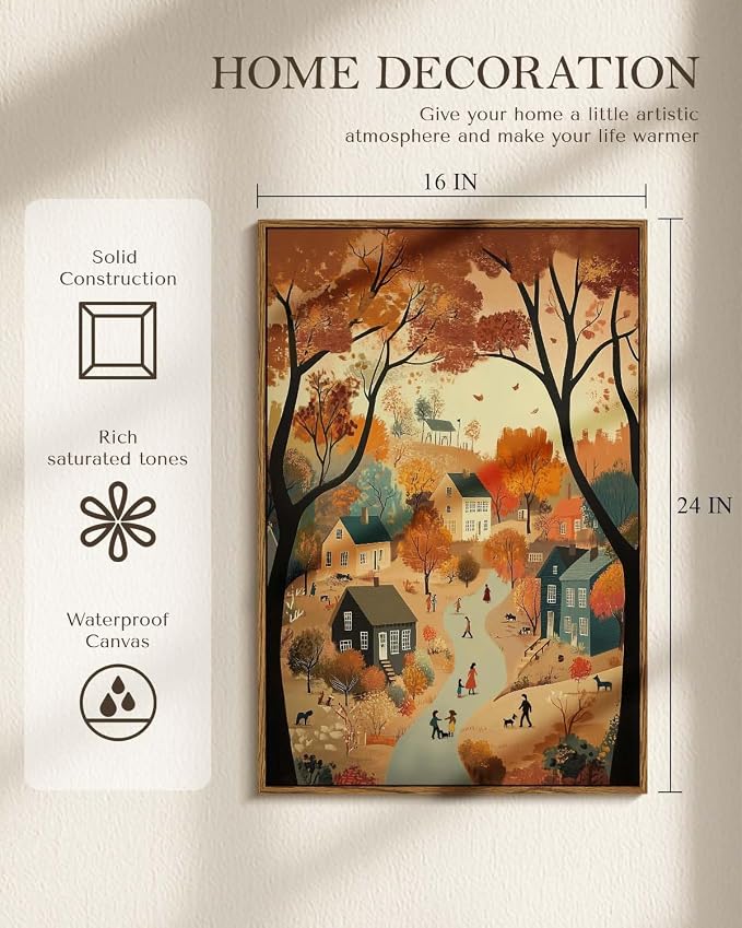 WHASAYART Autumn Cozy Village Landscape Scene 16x24 Framed Canvas Print, Rustic Fall Country Trees Wall Art with Warm Colors, Thanksgiving House Office Entryway Seasonal Decor