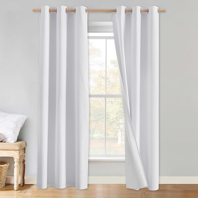NICETOWN 100% Absolutely Blackout Linen Curtains with Thermal Insulated White Liner, White, 34 inches Wide, 80 inches Length Energy Saving Curtains for Living Room 2 Panels Set, Vertical Blinds