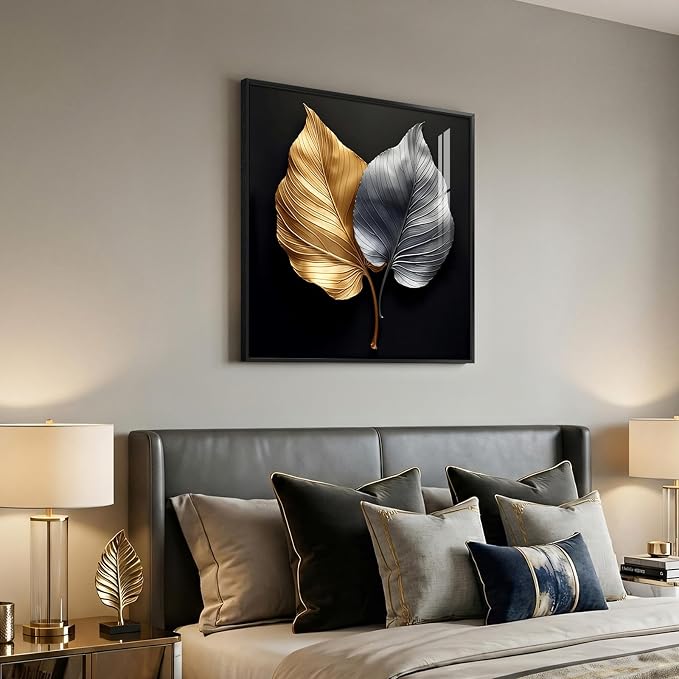 Framed Modern Gold and Silver Elegant Luxury Wall Art Decor, 24x24 In | Leaf, Canvas prints, Contemporary paintings, Minimalist pictures, Black, Living room, Dining room, Lounge wall decor