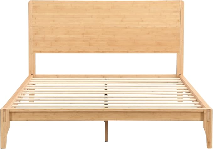 Merax Queen Size Bamboo Platform Bed Frame with Tall Headboard, Natural | Mid-Century Modern Solid Bedframe Queen-Size, Wood Slat Support, No Box Spring Needed, Easy Assembly, Noise Free